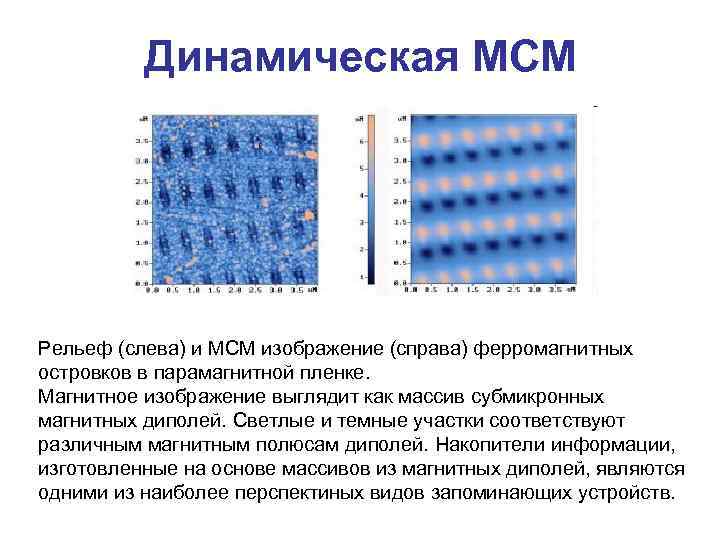 Динамическая МСМ Рельеф (слева) и МСМ изображение (справа) ферромагнитных островков в парамагнитной пленке. Магнитное