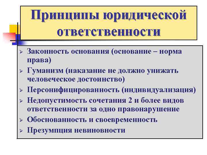 Законность справедливость гуманность. Принцип гуманизма юридической ответственности. Принципы юридической ответственности. Принцип законности юридической ответственности. Принципы юрид ответственности.