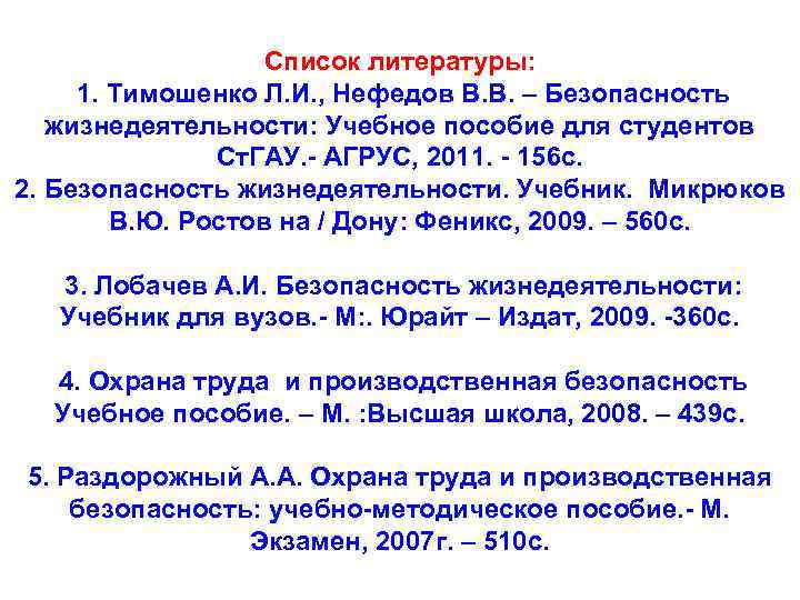 Список литературы: 1. Тимошенко Л. И. , Нефедов В. В. – Безопасность жизнедеятельности: Учебное