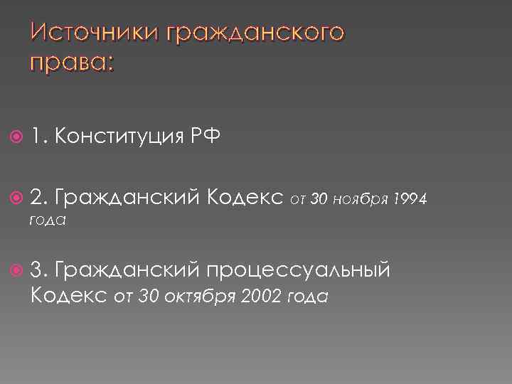 Источники гражданского права: 1. Конституция РФ 2. Гражданский Кодекс от 30 ноября 1994 года