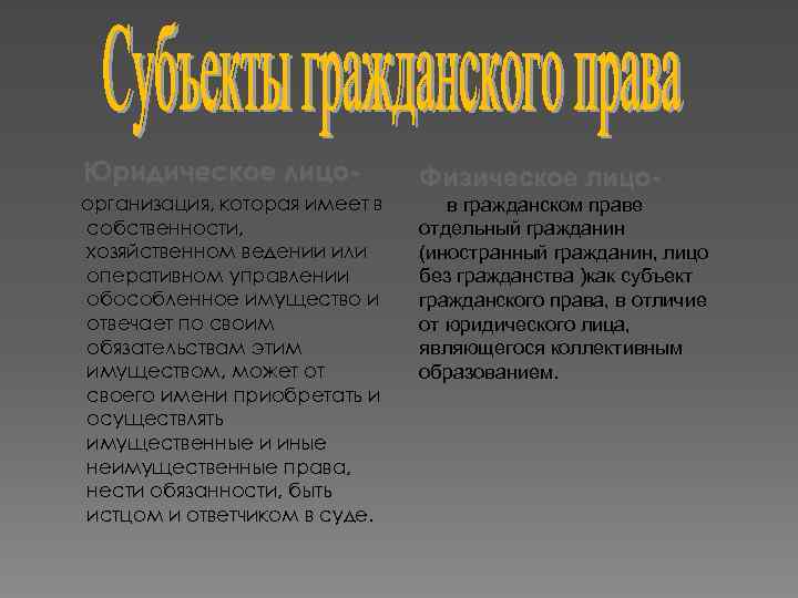 Юридическое лицоорганизация, которая имеет в собственности, хозяйственном ведении или оперативном управлении обособленное имущество и