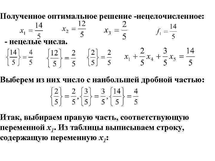 Полученное оптимальное решение -нецелочисленное: - нецелые числа. Выберем из них число с наибольшей дробной