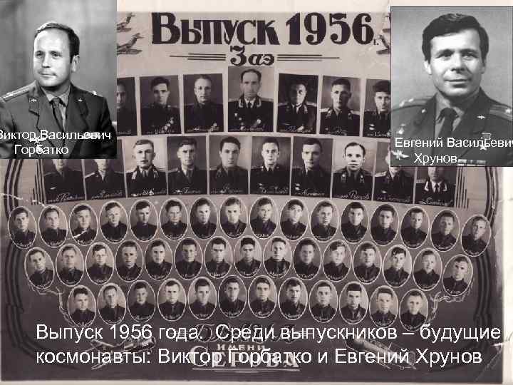 Виктор Васильевич Горбатко Евгений Васильевич Хрунов Выпуск 1956 года. Среди выпускников – будущие космонавты: