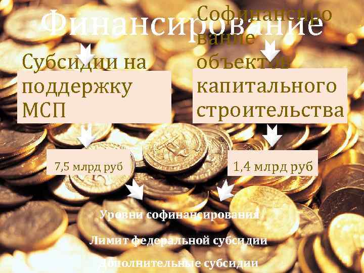  Софинансиро Финансирование Субсидии на объектов поддержку капитального МСП строительства 7, 5 млрд руб