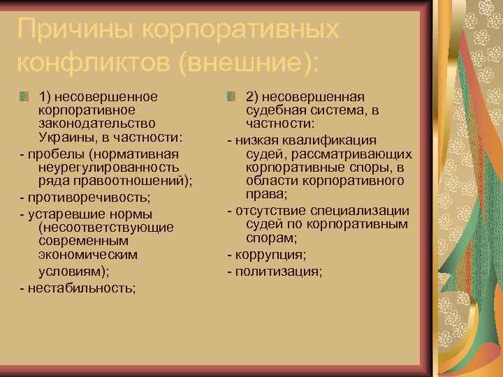 Причины корпоративных конфликтов (внешние): 1) несовершенное корпоративное законодательство Украины, в частности: - пробелы (нормативная