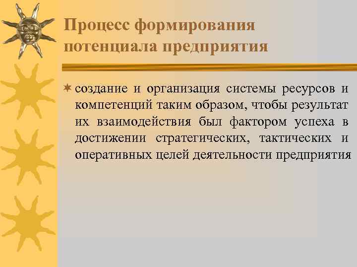 Процесс формирования потенциала предприятия ¬ создание и организация системы ресурсов и компетенций таким образом,