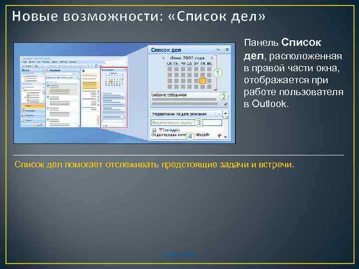 Новые возможности: «Список дел» Панель Список дел, расположенная в правой части окна, отображается при