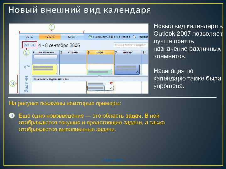 Новый внешний вид календаря Новый вид календаря в Outlook 2007 позволяет лучше понять назначение
