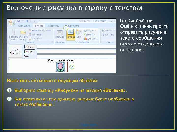 Включение рисунка в строку с текстом В приложении Outlook очень просто отправить рисунки в