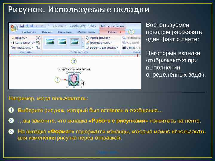 Рисунок. Используемые вкладки Воспользуемся поводом рассказать один факт о ленте: Некоторые вкладки отображаются при