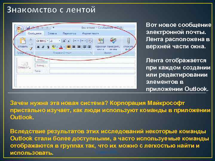 Знакомство с лентой Вот новое сообщение электронной почты. Лента расположена в верхней части окна.