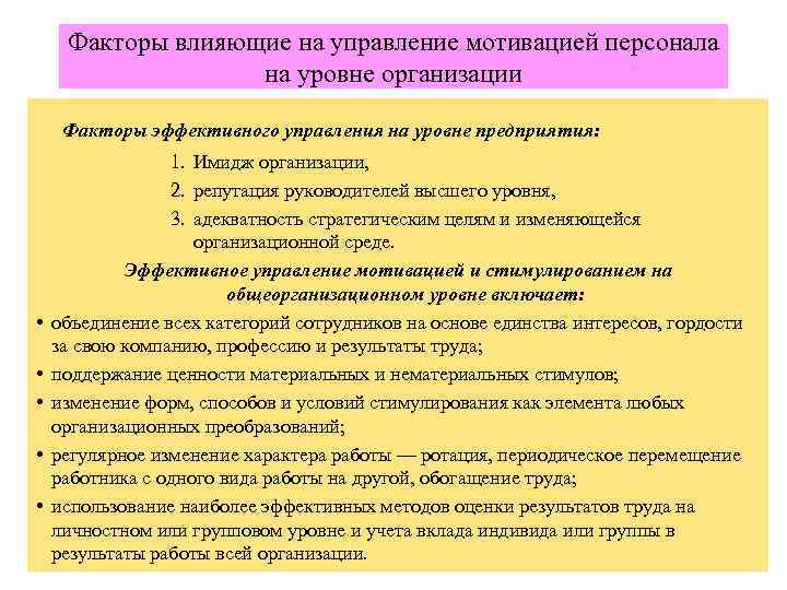 Факторы влияющие на управление мотивацией персонала на уровне организации Факторы эффективного управления на уровне