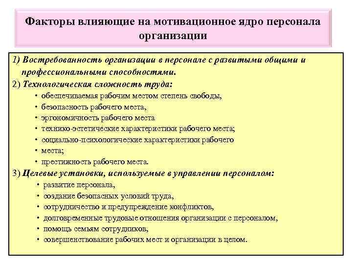 Факторы влияющие на мотивационное ядро персонала организации 1) Востребованность организации в персонале с развитыми