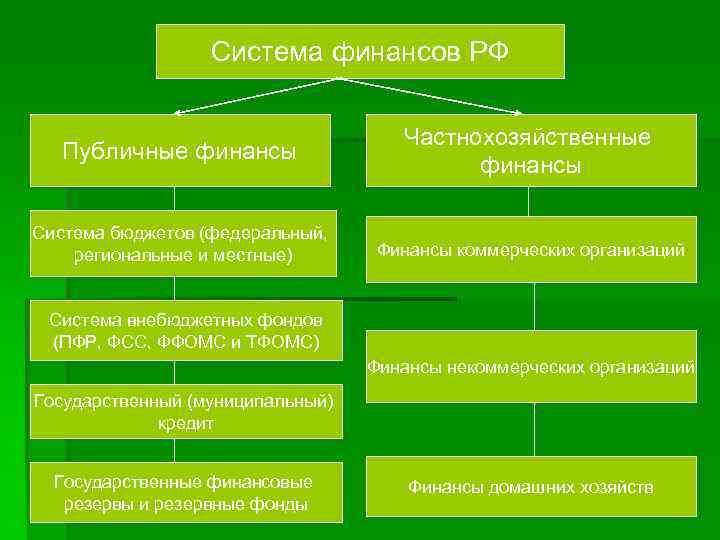 Система финансов РФ Публичные финансы Частнохозяйственные финансы Система бюджетов (федеральный, региональные и местные) Финансы