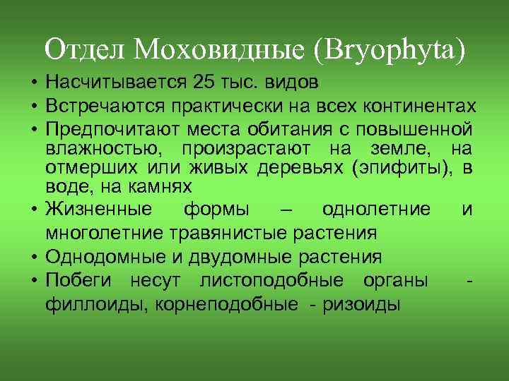 Отдел моховидные общая характеристика. Общая характеристика отдела Моховидные 7 класс. Отдел Моховидные насчитывает в настоящее время (_) видов.. Моховидные растения основы и признаки.