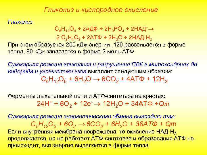 Гликолиз и кислородное окисление Гликолиз: С 6 Н 12 О 6 + 2 АДФ