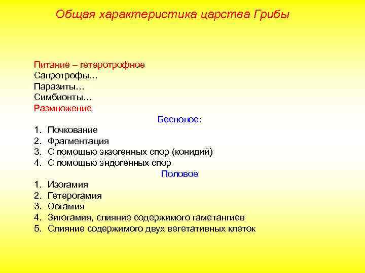 Общая характеристика царства Грибы Питание – гетеротрофное Сапротрофы… Паразиты… Симбионты… Размножение Бесполое: 1. 2.