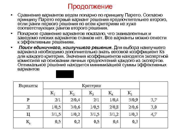 Продолжение • • • Сравнение вариантов ведем попарно по принципу Парето. Согласно принципу Парето
