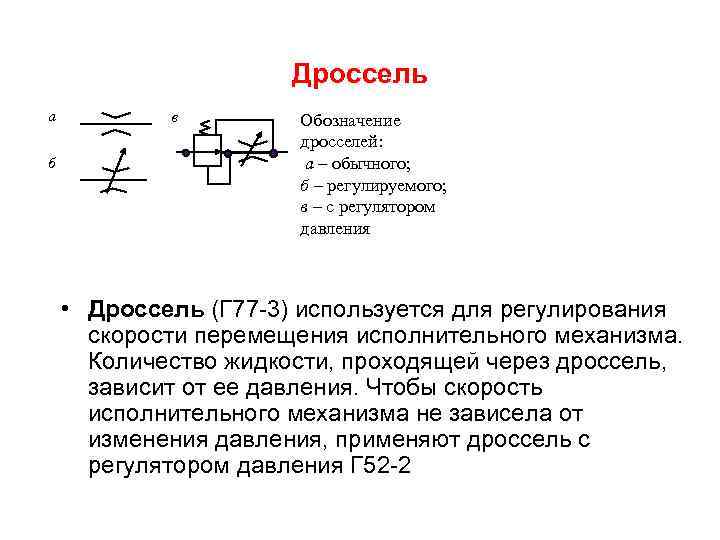 Дроссель а б в Обозначение дросселей: а – обычного; б – регулируемого; в –