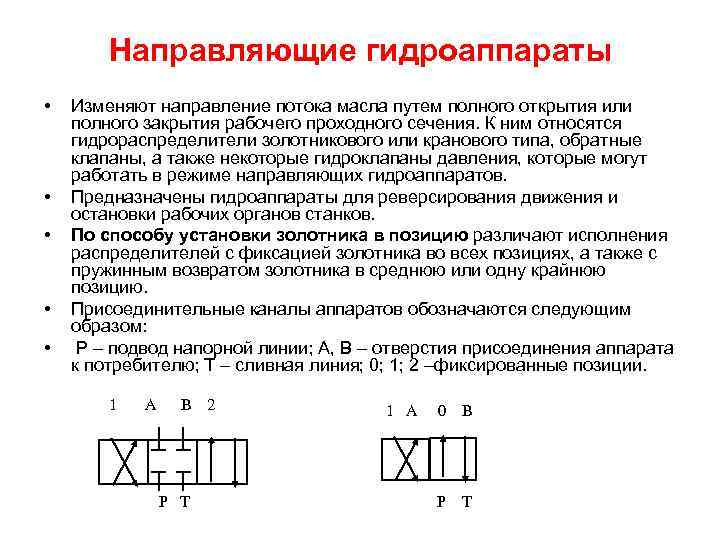 Направляющие гидроаппараты • • • Изменяют направление потока масла путем полного открытия или полного