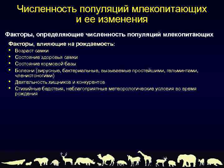 Численность популяций млекопитающих и ее изменения Факторы, определяющие численность популяций млекопитающих Факторы, влияющие на