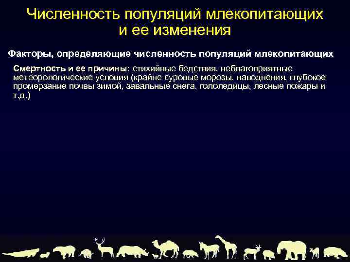 Численность популяций млекопитающих и ее изменения Факторы, определяющие численность популяций млекопитающих Смертность и ее