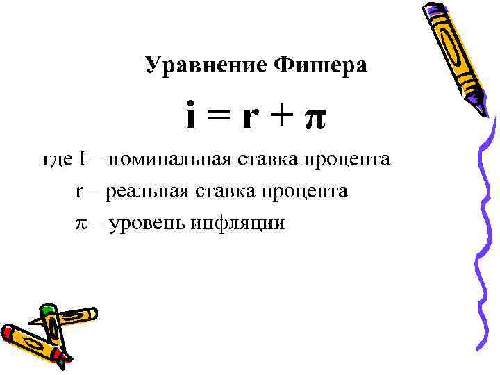 Уравнение Фишера i=r+π где I – номинальная ставка процента r – реальная ставка процента