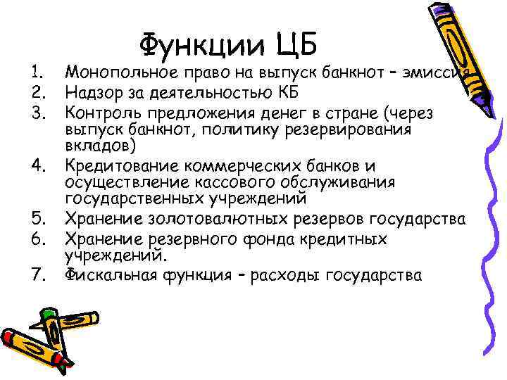 1. 2. 3. 4. 5. 6. 7. Функции ЦБ Монопольное право на выпуск банкнот