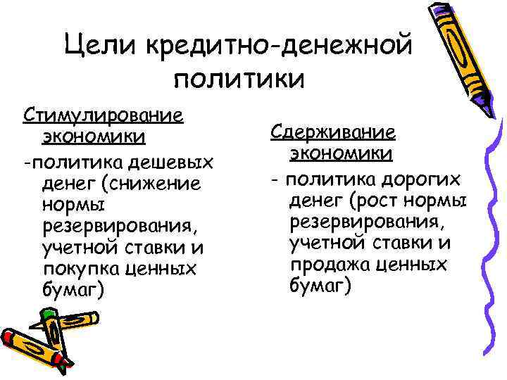 Цели кредитно-денежной политики Стимулирование экономики -политика дешевых денег (снижение нормы резервирования, учетной ставки и