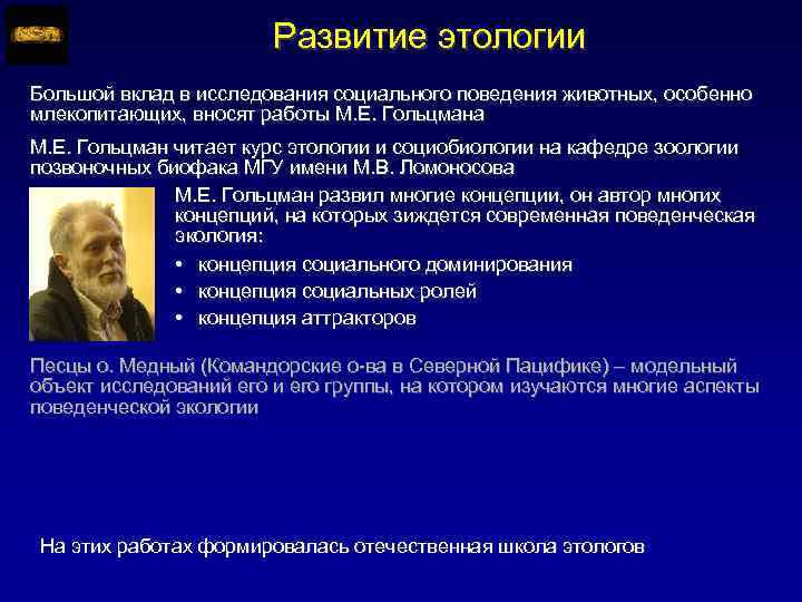 Развитие этологии Большой вклад в исследования социального поведения животных, особенно млекопитающих, вносят работы М.