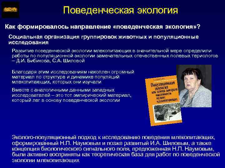 Поведенческая экология Как формировалось направление «поведенческая экология» ? Социальная организация группировок животных и популяционные