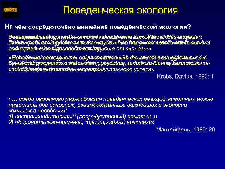 Поведенческая экология На чем сосредоточено внимание поведенческой экологии? Поведенческая экология – «вклад поведения в