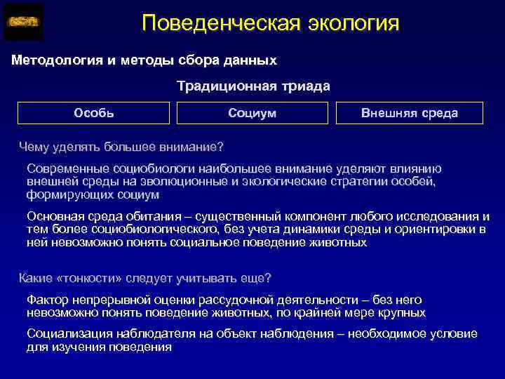 Поведенческая экология Методология и методы сбора данных Традиционная триада Особь Социум Внешняя среда Чему