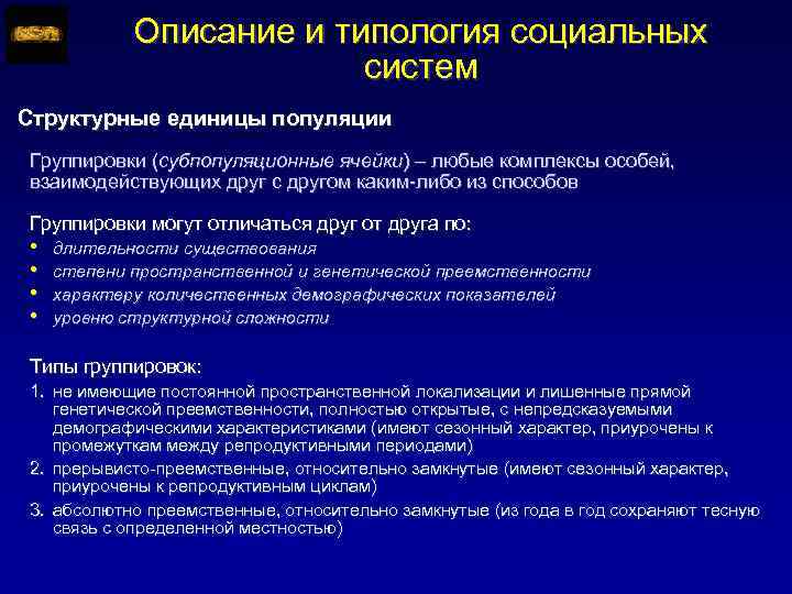 Описание и типология социальных систем Структурные единицы популяции Группировки (субпопуляционные ячейки) – любые комплексы