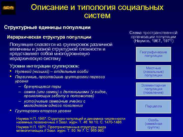 Описание и типология социальных систем Структурные единицы популяции Иерархическая структура популяции Популяция слагается из
