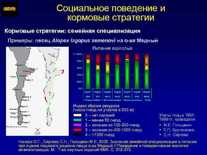 Социальное поведение и кормовые стратегии Кормовые стратегии: семейная специализация Примеры: песец Alopex lagopus semenovi