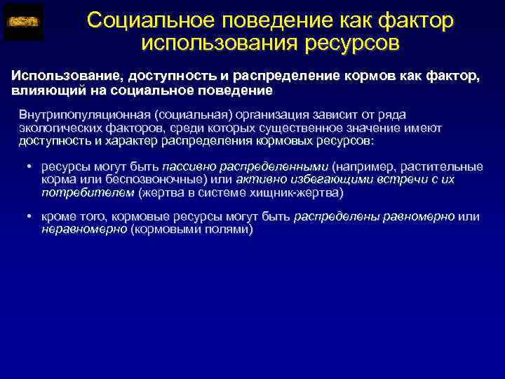 Социальное поведение как фактор использования ресурсов Использование, доступность и распределение кормов как фактор, влияющий