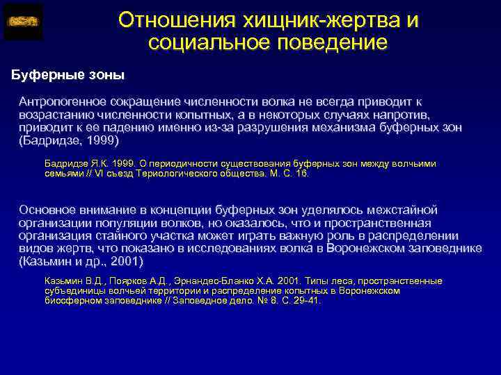 Отношения хищник-жертва и социальное поведение Буферные зоны Антропогенное сокращение численности волка не всегда приводит