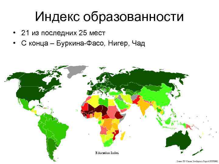 Индекс образованности • 21 из последних 25 мест • С конца – Буркина-Фасо, Нигер,