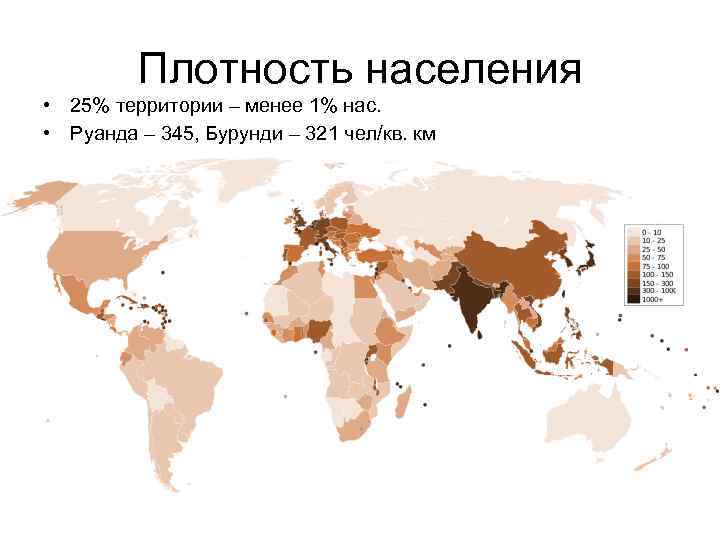 Плотность населения • 25% территории – менее 1% нас. • Руанда – 345, Бурунди