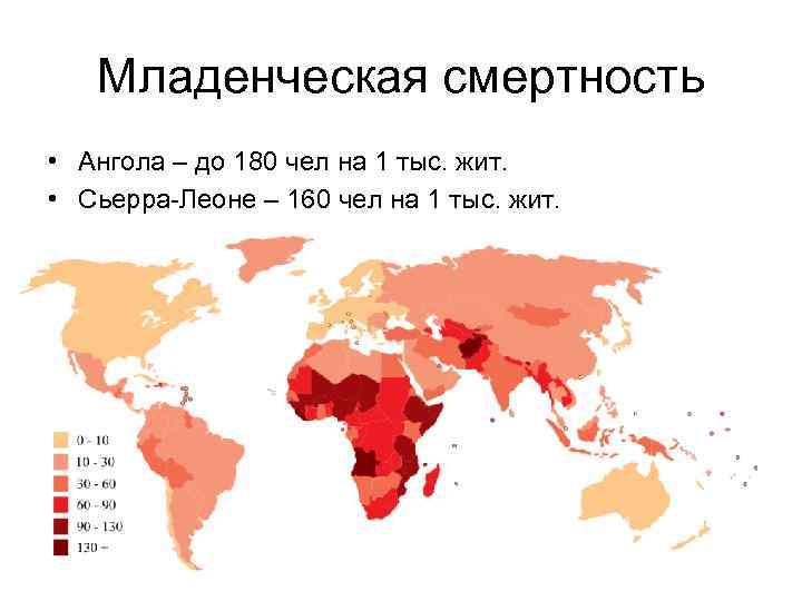 Младенческая смертность • Ангола – до 180 чел на 1 тыс. жит. • Сьерра-Леоне