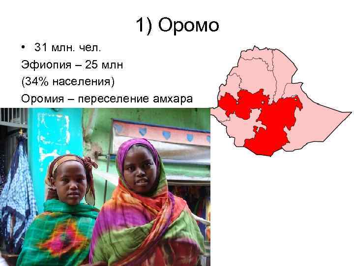 1) Оромо • 31 млн. чел. Эфиопия – 25 млн (34% населения) Оромия –
