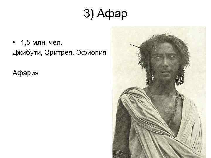 3) Афар • 1, 5 млн. чел. Джибути, Эритрея, Эфиопия Афария 