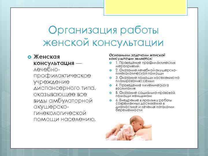 Организация работы женской консультации Женская консультация — лечебнопрофилактическое учреждение диспансерного типа, оказывающее все виды
