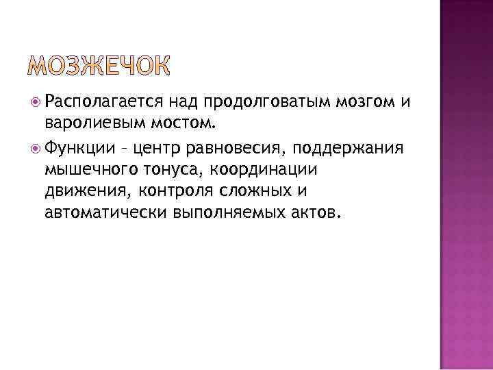  Располагается над продолговатым мозгом и варолиевым мостом. Функции – центр равновесия, поддержания мышечного