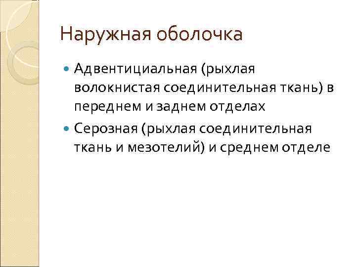 Наружная оболочка Адвентициальная (рыхлая волокнистая соединительная ткань) в переднем и заднем отделах Серозная (рыхлая