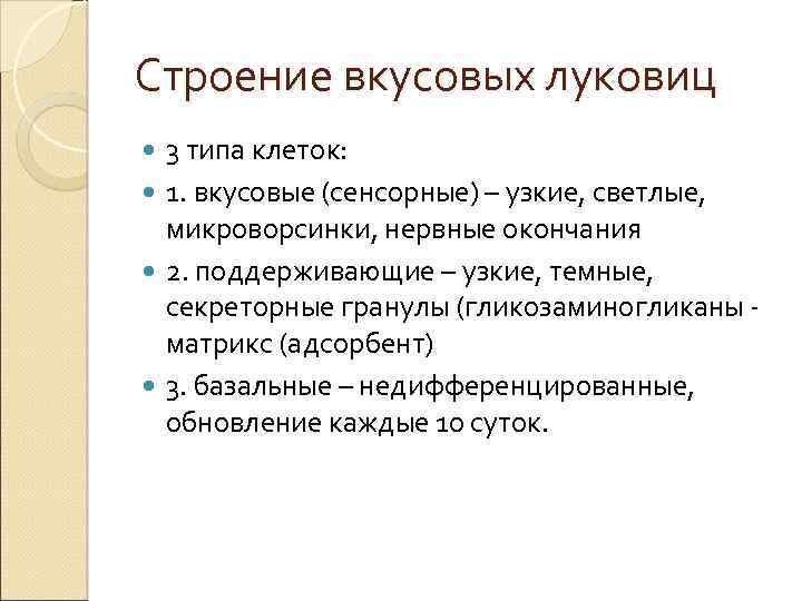Строение вкусовых луковиц 3 типа клеток: 1. вкусовые (сенсорные) – узкие, светлые, микроворсинки, нервные
