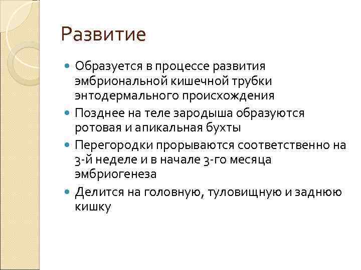 Развитие Образуется в процессе развития эмбриональной кишечной трубки энтодермального происхождения Позднее на теле зародыша