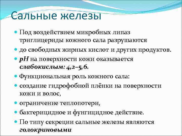 Сальные железы Под воздействием микробных липаз триглицериды кожного сала разрушаются до свободных жирных кислот