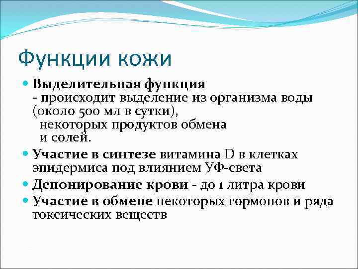 Функции кожи Выделительная функция - происходит выделение из организма воды (около 500 мл в